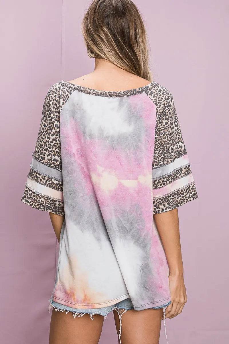 BiBi Tiedye French Terry with Leopard Sleeve Top - Shop Style & More | Fresh Looks, Everyday Deals & Free Shipping