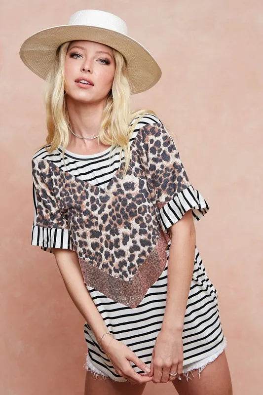 BiBi Stripe Rayon Span Knit Color Block Top With Leopard - Shop Style & More | Fresh Looks, Everyday Deals & Free Shipping