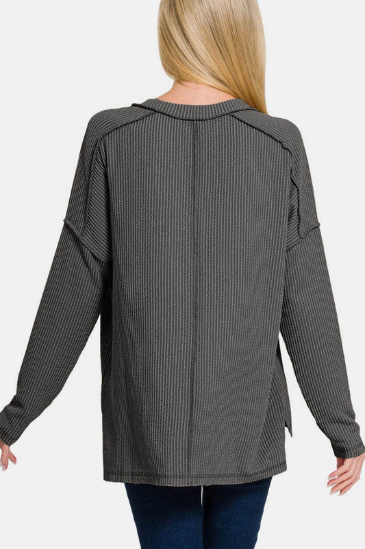 Zenana Texture Exposed Seam V-Neck Long Sleeve T-Shirt - Shop Style & More | Fresh Looks, Everyday Deals & Free Shipping