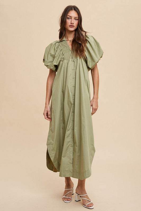 Annie Wear Smocked Puff Sleeve Midi Dress - Stylish and Comfortable - Shop Style & More | Fresh Looks, Everyday Deals & Free Shipping