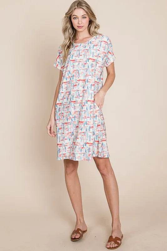 BOMBOM Printed Round Neck Short Sleeve Tee Dress - Shop Style & More | Fresh Looks, Everyday Deals & Free Shipping