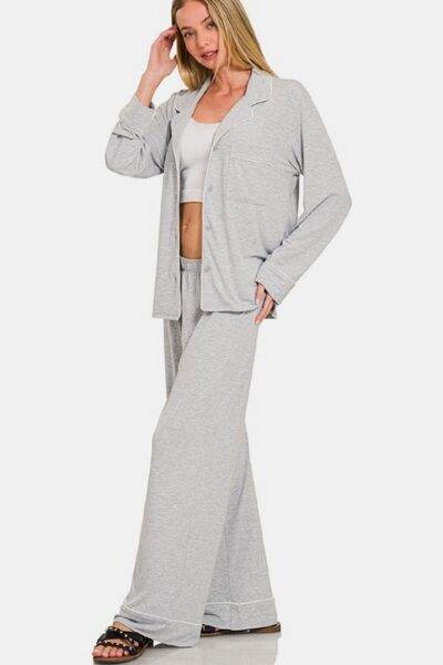 Zenana Button Down Long Sleeve Top and Pants Lounge Set - Shop Style & More | Fresh Looks, Everyday Deals & Free Shipping
