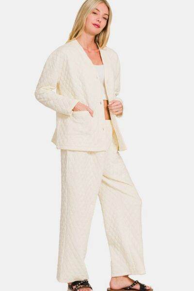Zenana Quilted Button Up Long Sleeve Top and Pants Lounge Set - Shop Style & More | Fresh Looks, Everyday Deals & Free Shipping