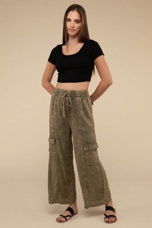Washed Linen Elastic Band Waist Cargo Pants - Shop Style & More | Fresh Looks, Everyday Deals & Free Shipping