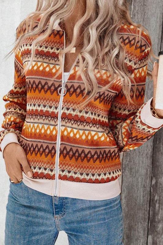 Orange Boho Striped Zip Up Long Sleeve Jacket - Shop Style & More | Fresh Looks, Everyday Deals & Free Shipping