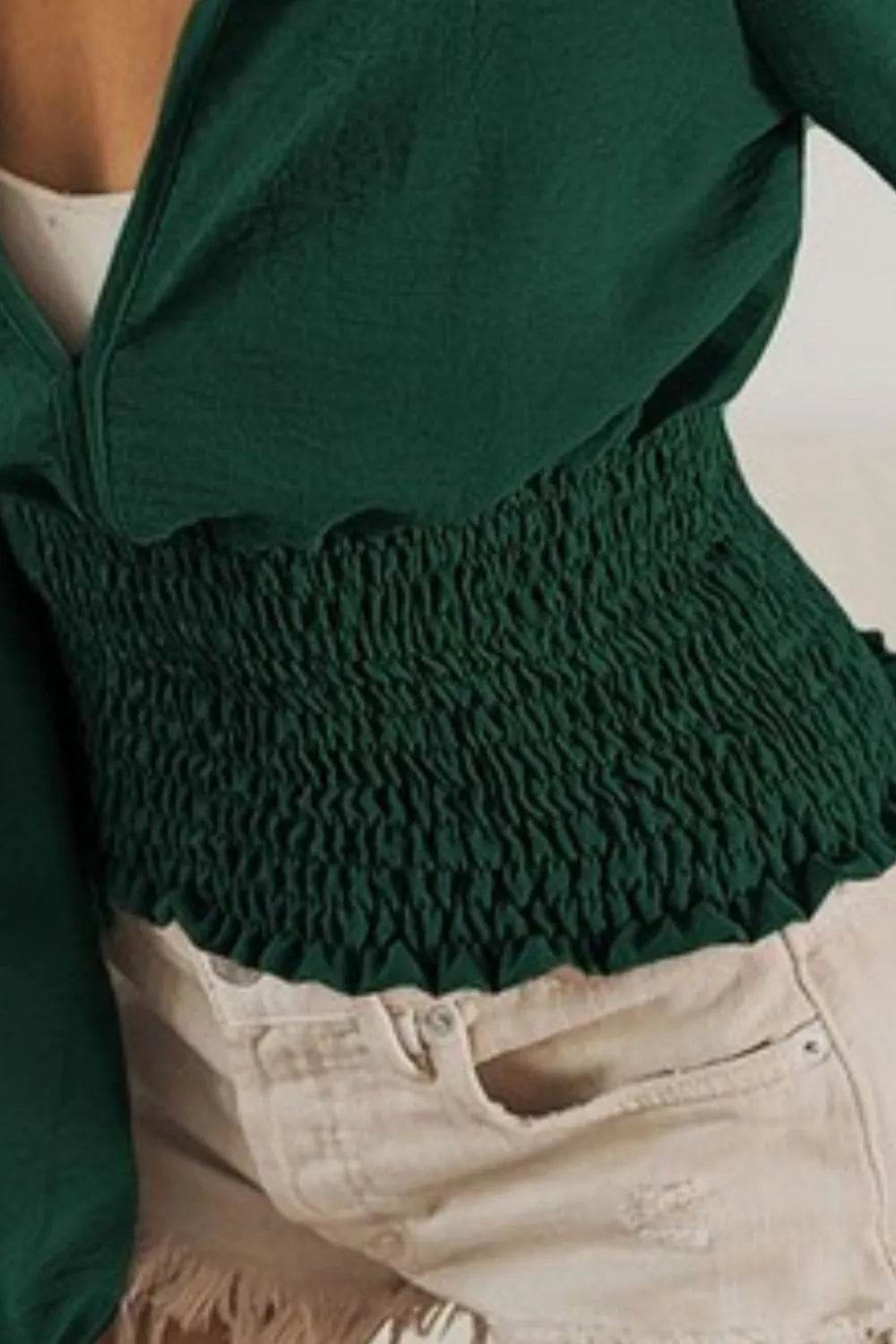 BiBi Smoking Waist Band and Puff Sleeves Deep V Neck Top - Shop Style & More | Fresh Looks, Everyday Deals & Free Shipping