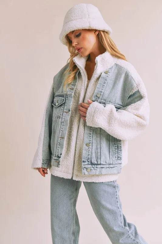 Aemi + Co Denim Washed Drop Shoulder Sherpa Fake Two Pieces Jacket - Shop Style & More | Fresh Looks, Everyday Deals & Free Shipping