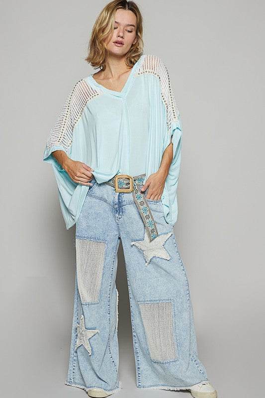 POL Oversize V-Neck Crochet Lace Contrast Studded Top - Shop Style & More | Fresh Looks, Everyday Deals & Free Shipping