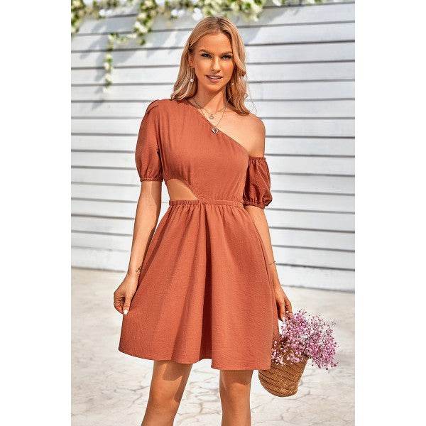 One Shoulder Puff Sleeve Fit Flare Short Dress - Shop Style & More | Fresh Looks, Everyday Deals & Free Shipping