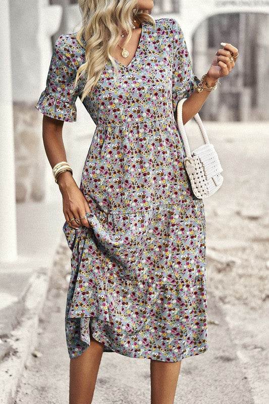 Boho Floral Ruffle Hem V Neck Short Sleeve Dress - Shop Style & More | Fresh Looks, Everyday Deals & Free Shipping