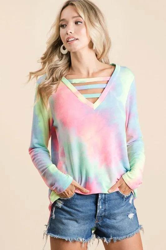 BiBi Tie Dye French Terry V-Neck Top with Strapped - Shop Style & More | Fresh Looks, Everyday Deals & Free Shipping