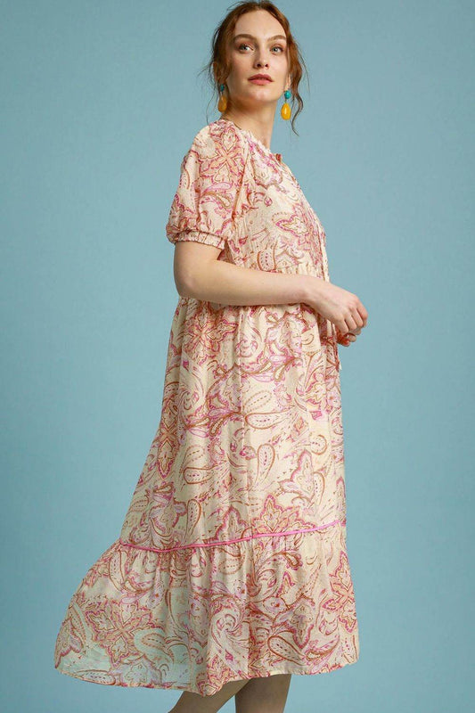 Umgee Full Size Printed Puff Short Sleeve Midi Dress Plus Size - Shop Style & More | Fresh Looks, Everyday Deals & Free Shipping