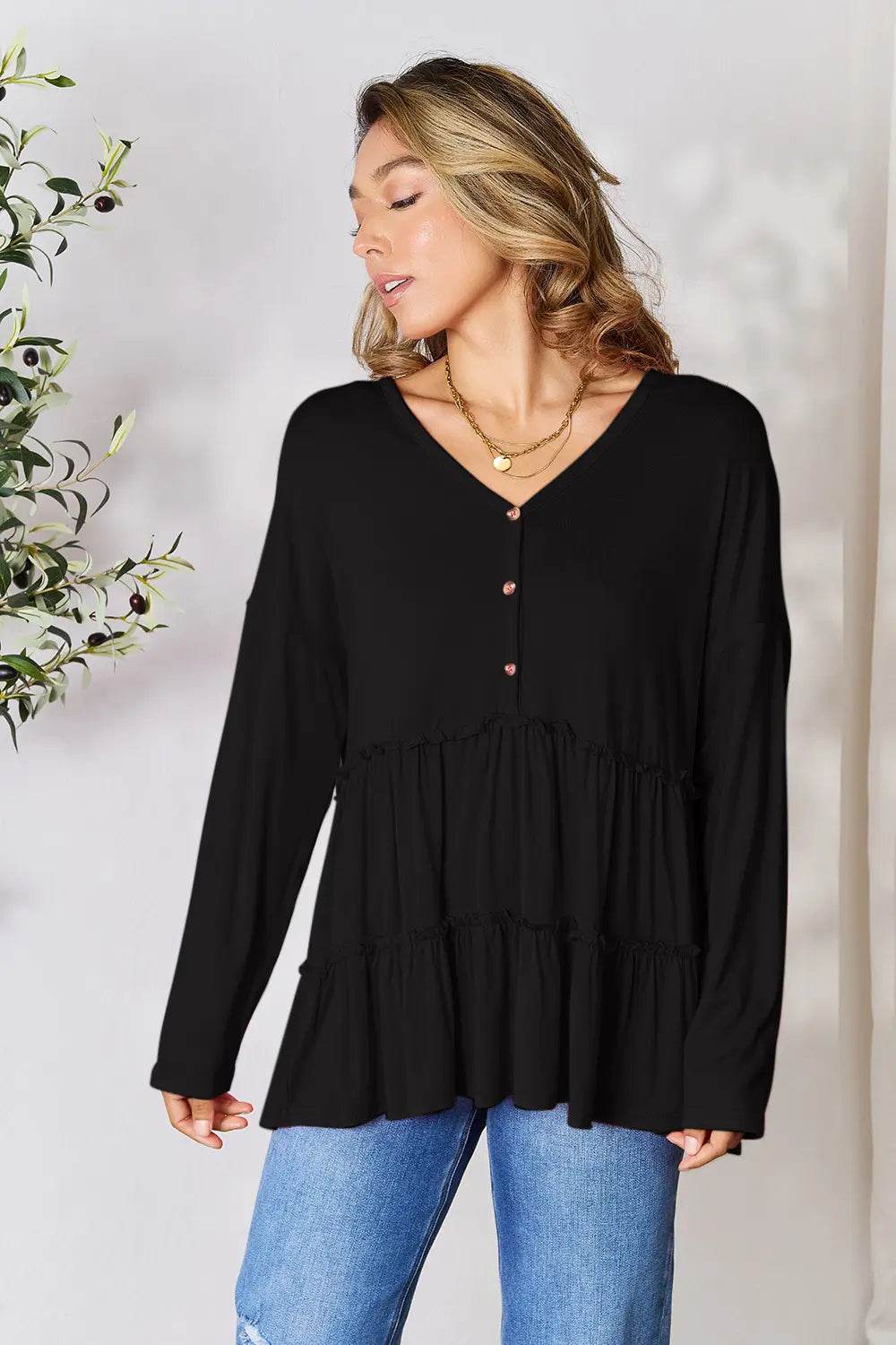 Double Take Half Button Long Sleeve Ruffle Hem Blouse - Shop Style & More | Fresh Looks, Everyday Deals & Free Shipping