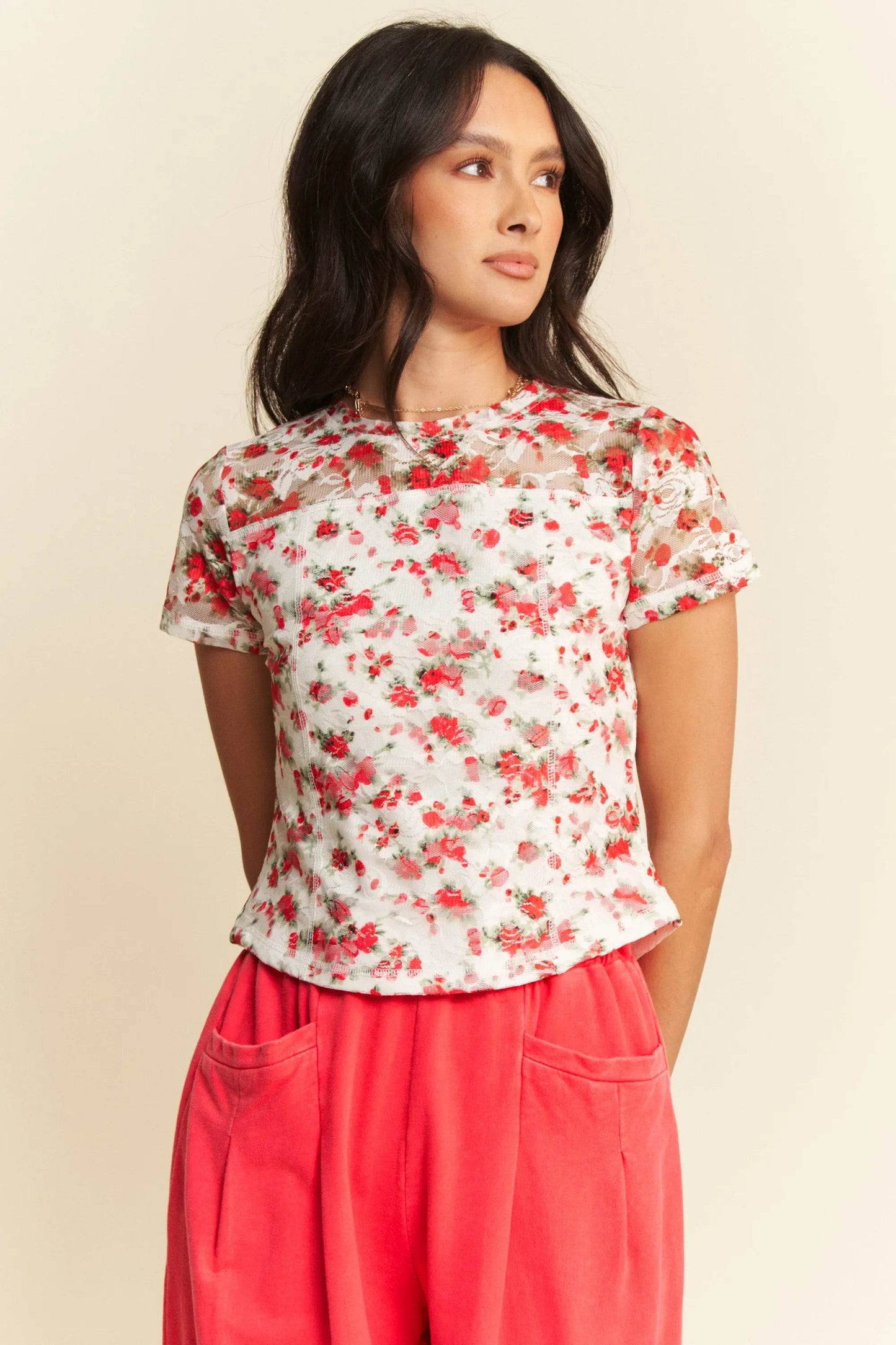 Davi & Dani Ribbon Short Sleeve Layered Mesh Top - Shop Style & More | Fresh Looks, Everyday Deals & Free Shipping