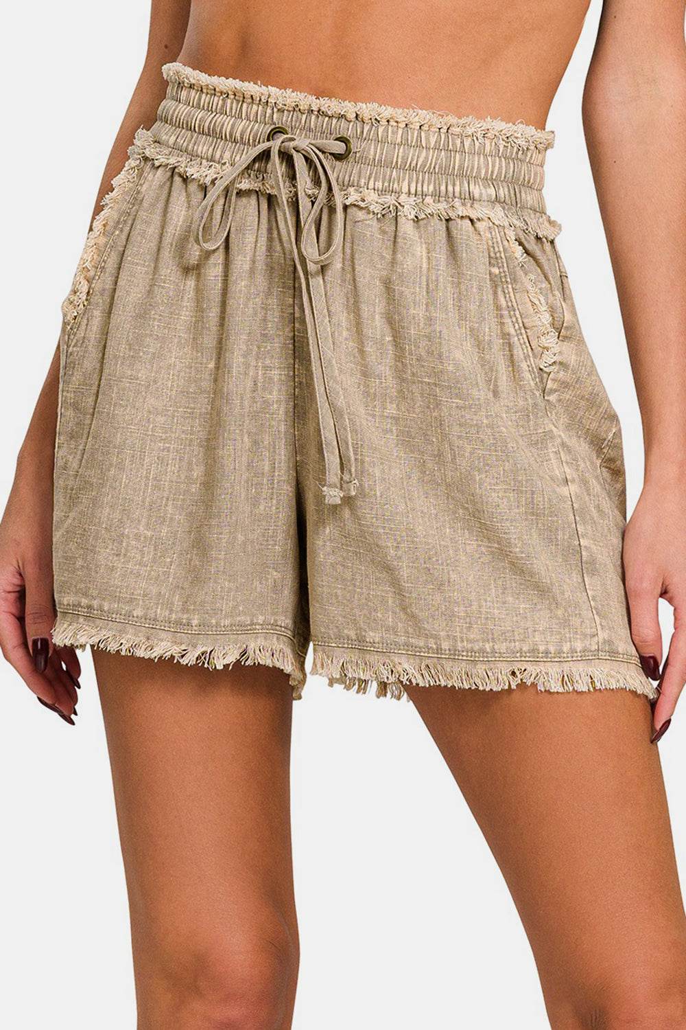 Zenana Washed Linen Frayed Hem Drawstring Shorts - Shop Style & More | Fresh Looks, Everyday Deals & Free Shipping