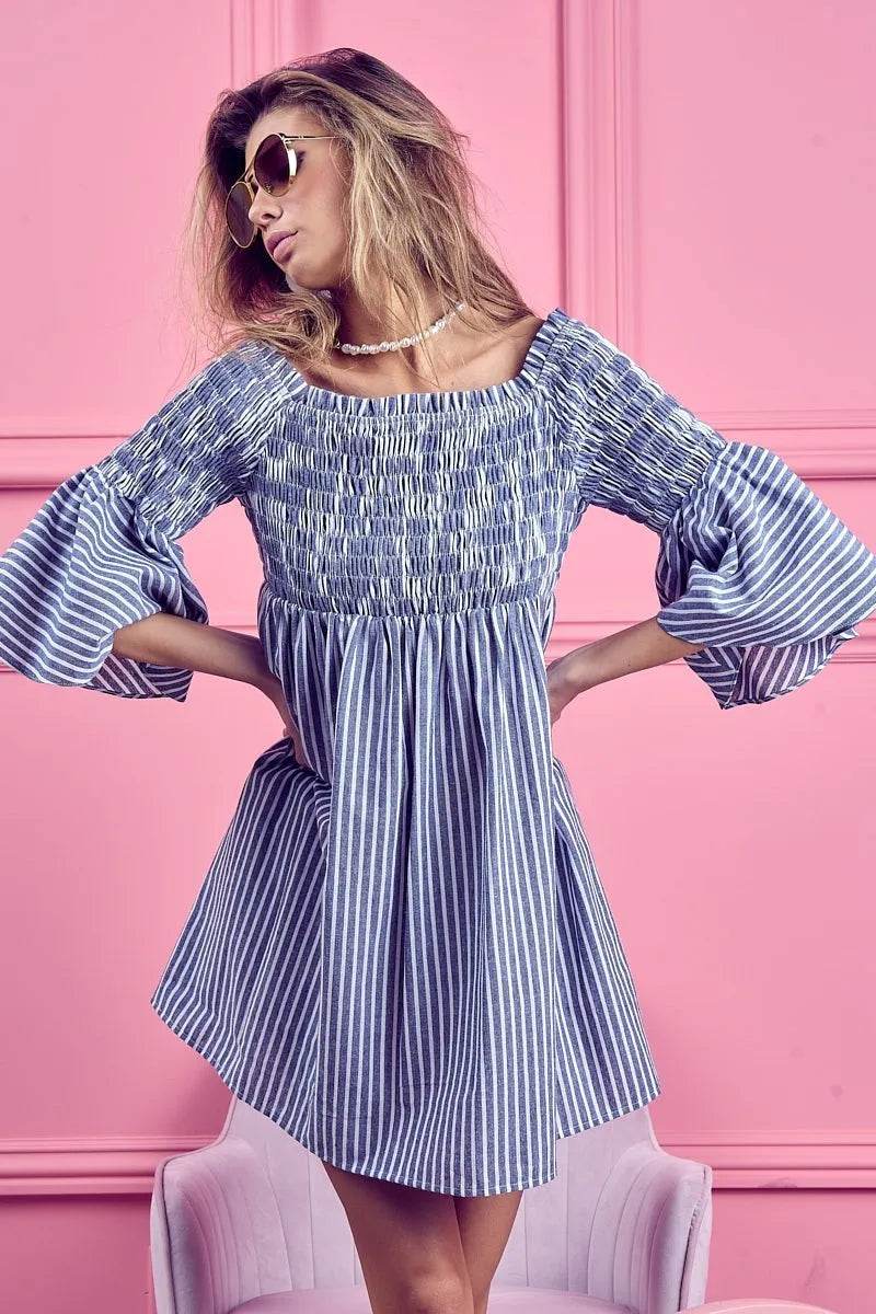 BiBi Smocked Off Shoulder Striped Dress - Shop Style & More | Fresh Looks, Everyday Deals & Free Shipping