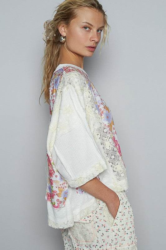 POL Floral Lace Patch Round Neck Double Gauze Top - Shop Style & More | Fresh Looks, Everyday Deals & Free Shipping