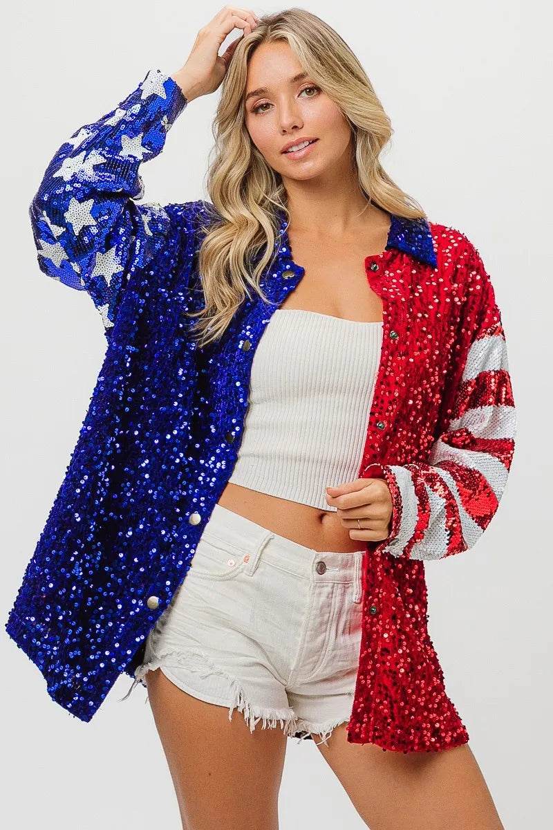 BiBi American Flag Sequin Snap Down Shirt - Shop Style & More | Fresh Looks, Everyday Deals & Free Shipping