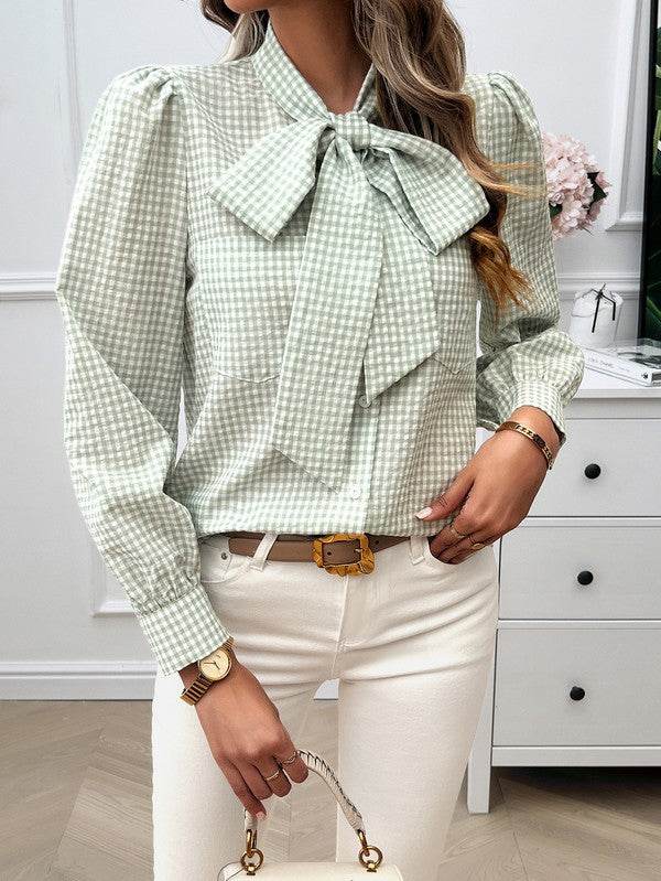 Plaid Puff Sleeves Loose Button Trim Knot Blouse - Shop Style & More | Fresh Looks, Everyday Deals & Free Shipping