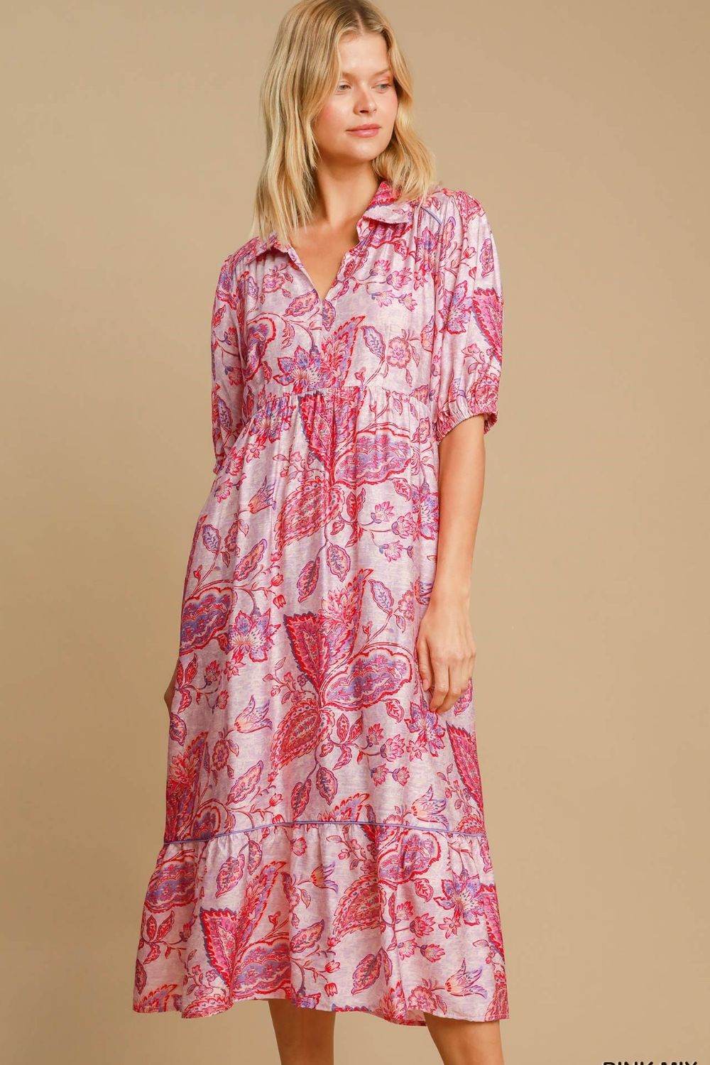 Umgee Full Size Ruffled Hem Floral Paisley Print Half Sleeve Midi Dress Plus Size - Shop Style & More | Fresh Looks, Everyday Deals & Free Shipping