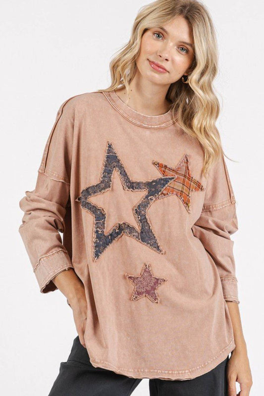 Mittoshop Mineral Wash Star Patch Long Sleeve T-Shirt - Shop Style & More | Fresh Looks, Everyday Deals & Free Shipping