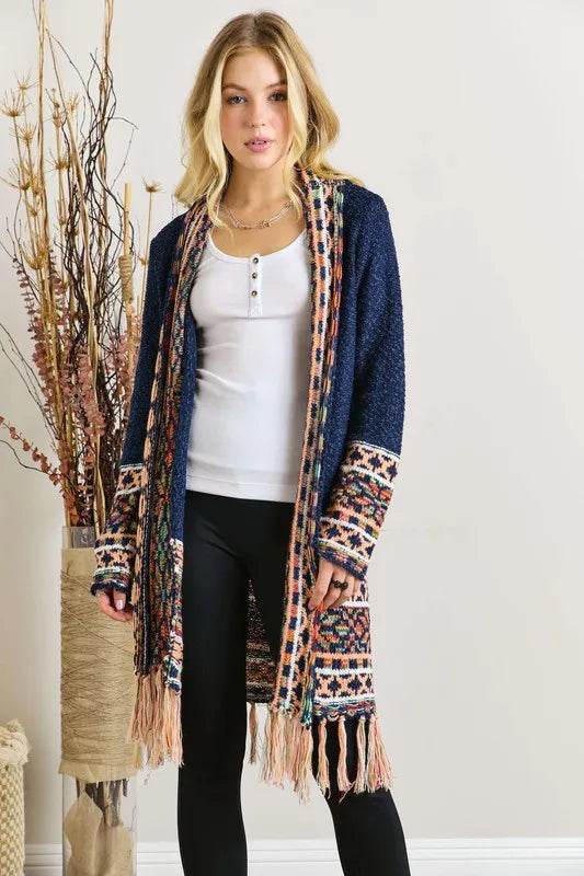 ADORA Full Size Fringe Hem Aztec Border Cardigan Plus Size - Shop Style & More | Fresh Looks, Everyday Deals & Free Shipping