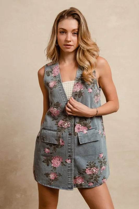 BiBi Floral Print Washed Denim Long Rider Vest - Shop Style & More | Fresh Looks, Everyday Deals & Free Shipping