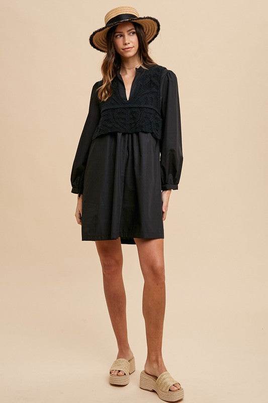 Annie Wear Crochet Vest Notched Long Sleeve Shirt Dress - Shop Style & More | Fresh Looks, Everyday Deals & Free Shipping