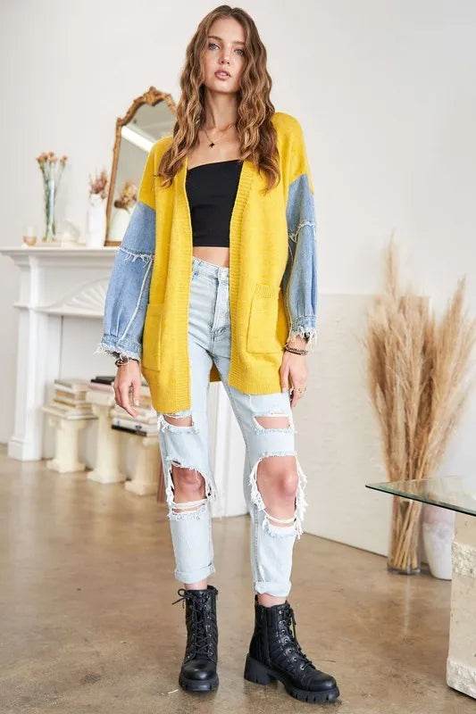ADORA Full Size Frayed Denim Sleeve Sweater Cardigan Plus Size - Shop Style & More | Fresh Looks, Everyday Deals & Free Shipping