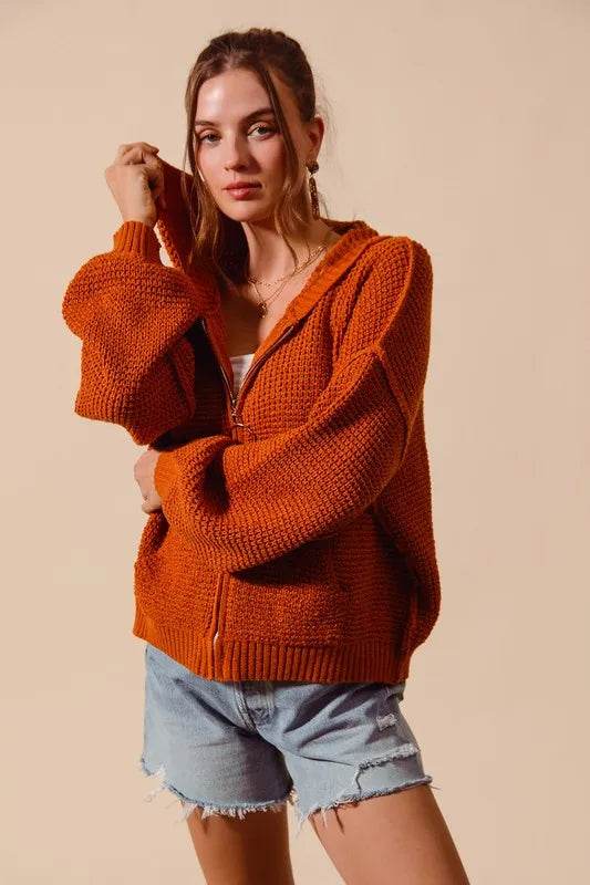 SO ME Front Zip Up Hooded Textured Cardigan - Shop Style & More | Fresh Looks, Everyday Deals & Free Shipping