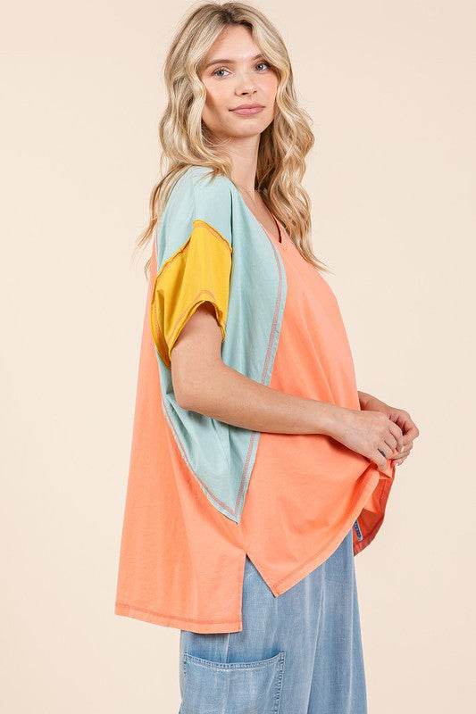 Mittoshop Color Block V-Neck Short Sleeve T-Shirt - Shop Style & More | Fresh Looks, Everyday Deals & Free Shipping