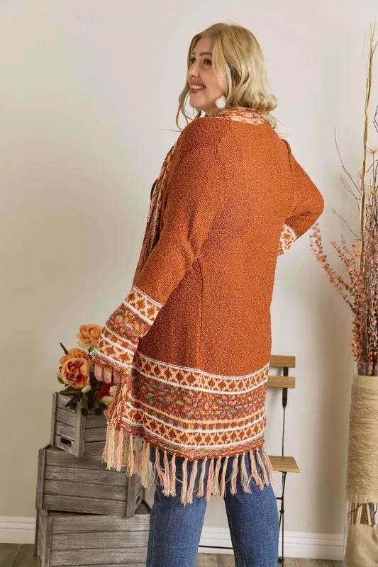 ADORA Full Size Fringe Hem Aztec Border Cardigan Plus Size - Shop Style & More | Fresh Looks, Everyday Deals & Free Shipping
