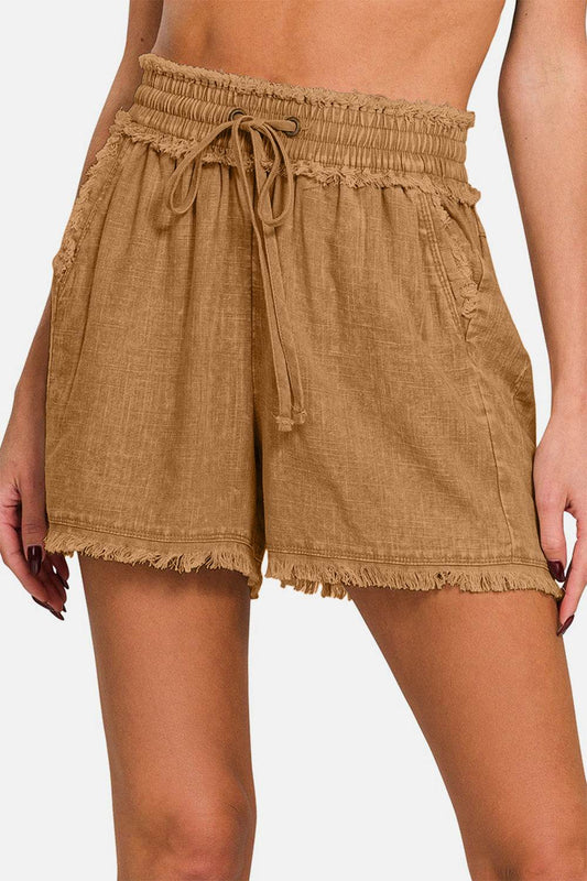 Zenana Washed Linen Frayed Hem Drawstring Shorts - Shop Style & More | Fresh Looks, Everyday Deals & Free Shipping
