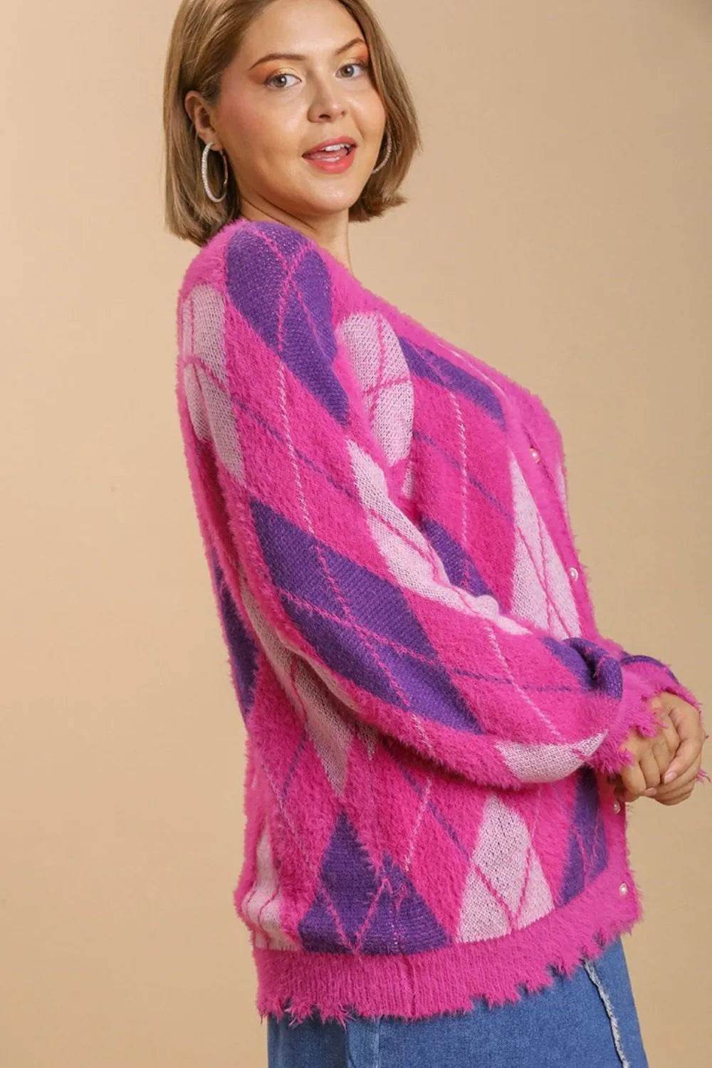 Umgee Full Size Argyle Pattern V-Neck Button Front Cardigan Plus Size - Shop Style & More | Fresh Looks, Everyday Deals & Free Shipping