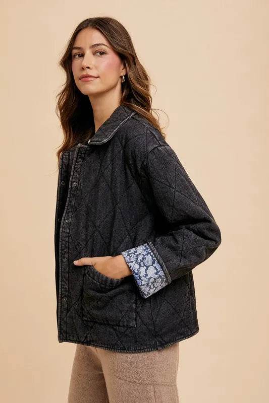 Annie Wear Quilted Printed Lining Snap Down Denim Jacket - Shop Style & More | Fresh Looks, Everyday Deals & Free Shipping