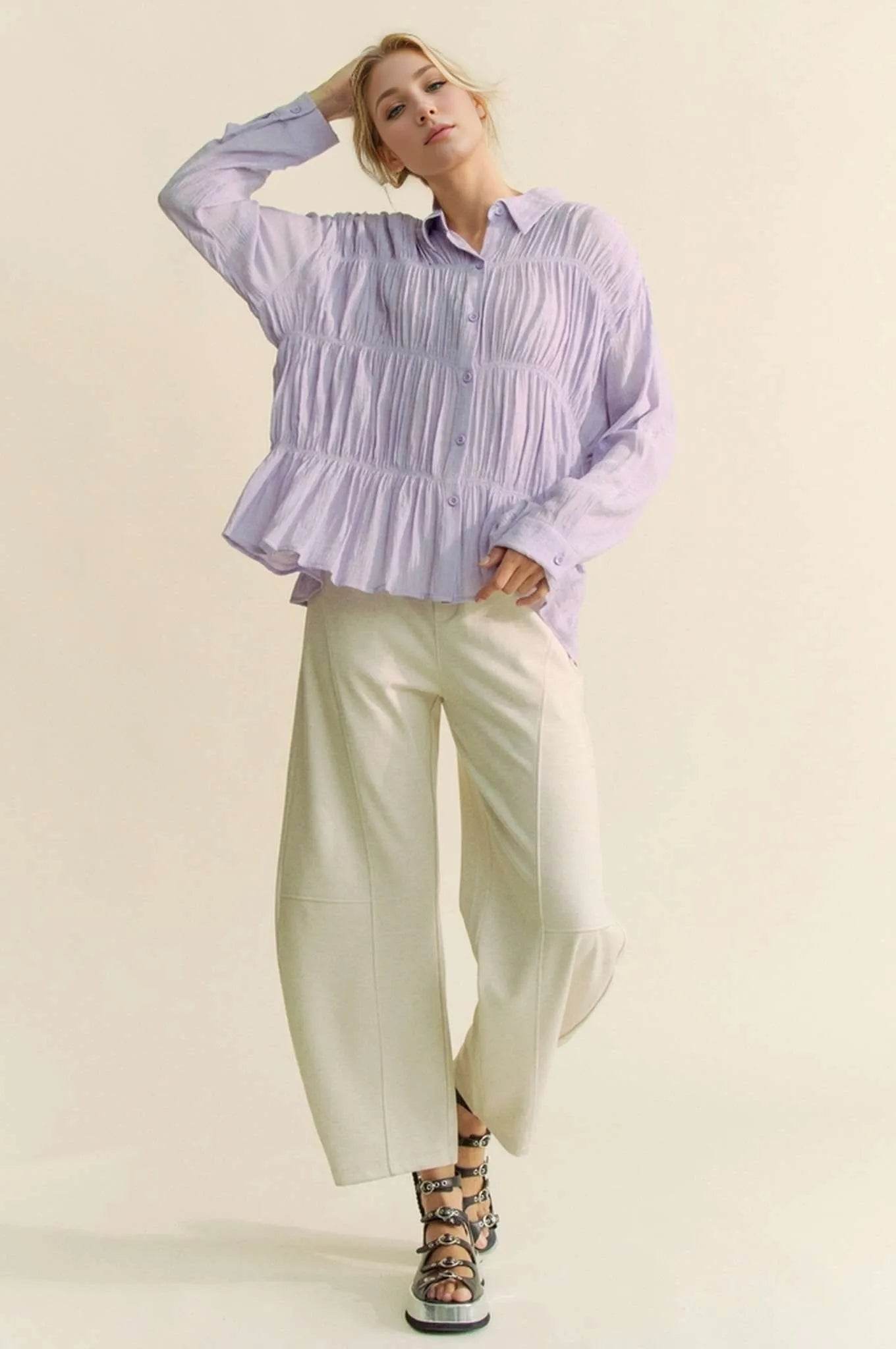 Davi & Dani Ruched All Over Button Front Shirt - Shop Style & More | Fresh Looks, Everyday Deals & Free Shipping