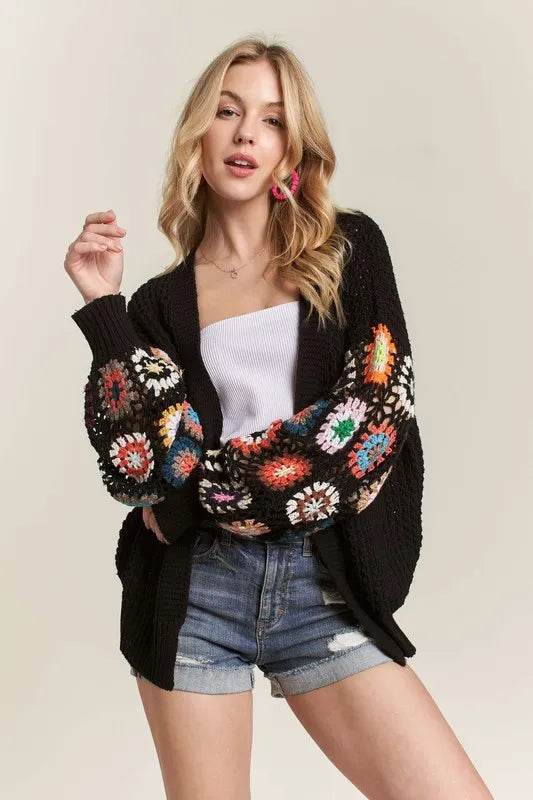 ADORA Full Size Contrast Crochet Open Front Long Sleeve Cardigan Plus Size - Shop Style & More | Fresh Looks, Everyday Deals & Free Shipping
