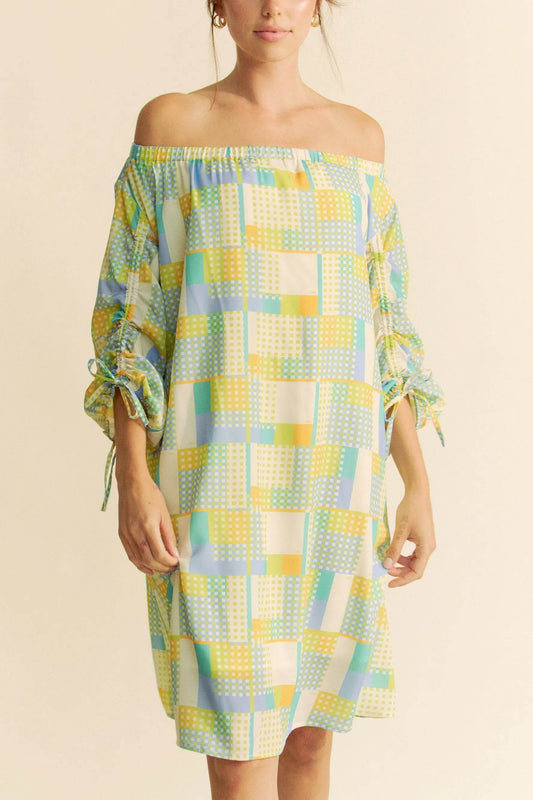 Davi & Dani Printed Off Shoulder Drawstring Sleeve Mini Dress - Shop Style & More | Fresh Looks, Everyday Deals & Free Shipping