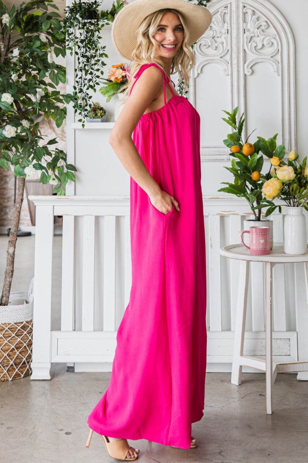 Veveret Pocketed Spaghetti Strap Wide Leg Jumpsuit - Shop Style & More | Fresh Looks, Everyday Deals & Free Shipping