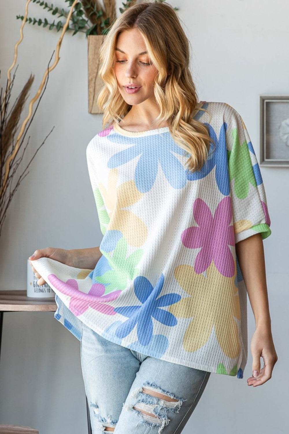HOPELY Floral Round Neck Waffle T-Shirt - Shop Style & More | Fresh Looks, Everyday Deals & Free Shipping