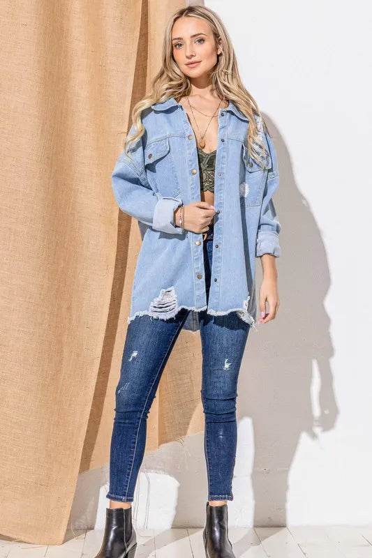 And The Why Button Front Flap Pocket Ripped Denim Jacket - Shop Style & More | Fresh Looks, Everyday Deals & Free Shipping