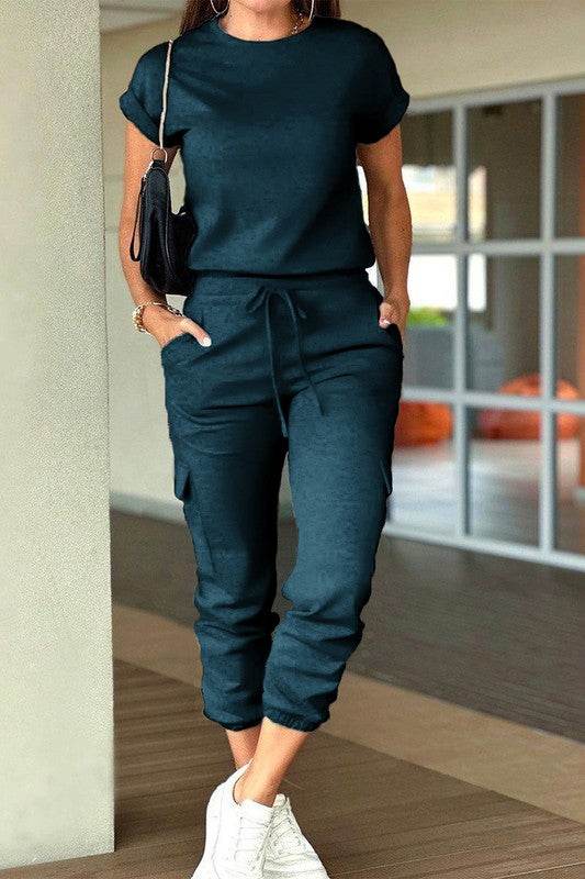 Crew Neck Short Sleeve Drawstring Waist Jumpsuit - Shop Style & More | Fresh Looks, Everyday Deals & Free Shipping