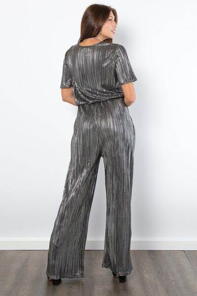 Be Stage Surplice Short Sleeve Pleated Foil Jumpsuit - Shop Style & More | Fresh Looks, Everyday Deals & Free Shipping