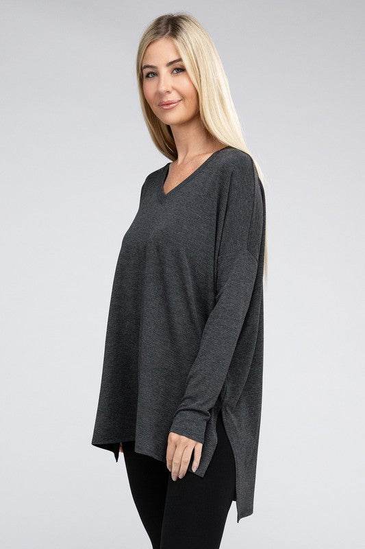 Dolman Long Sleeve V-Neck Side Slit Hi-Low Hem Top - Shop Style & More | Fresh Looks, Everyday Deals & Free Shipping