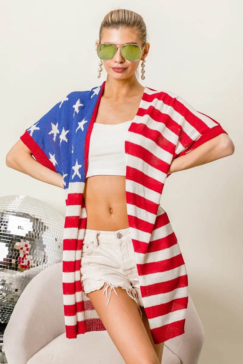 BiBi American Flag Low Gauge Knit Cardigan - Shop Style & More | Fresh Looks, Everyday Deals & Free Shipping