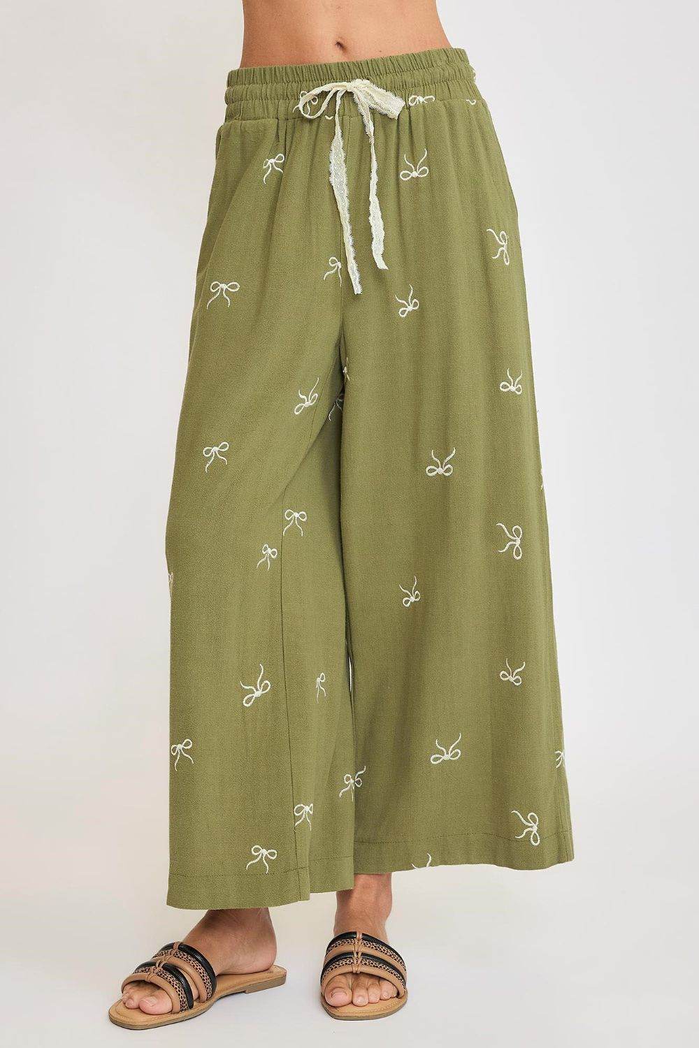 Umgee Full Size Lace Drawstring Embroidered Bow Wide Leg Pants Plus Size - Shop Style & More | Fresh Looks, Everyday Deals & Free Shipping