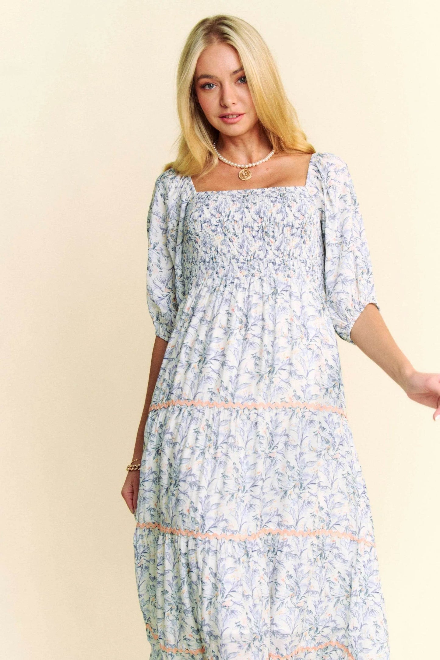 Davi & Dani Contrast Ric Smocking Bodice Tiered Midi Dress - Shop Style & More | Fresh Looks, Everyday Deals & Free Shipping