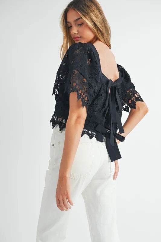 MABLE Square Neck Crochet Lace Top With Double Bow Tie - Shop Style & More | Fresh Looks, Everyday Deals & Free Shipping