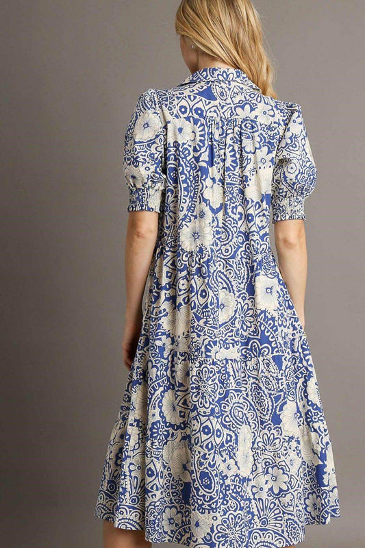 Umgee Full Size Printed Smocked Cuff Puff Sleeve Midi Dress Plus Size - Shop Style & More | Fresh Looks, Everyday Deals & Free Shipping