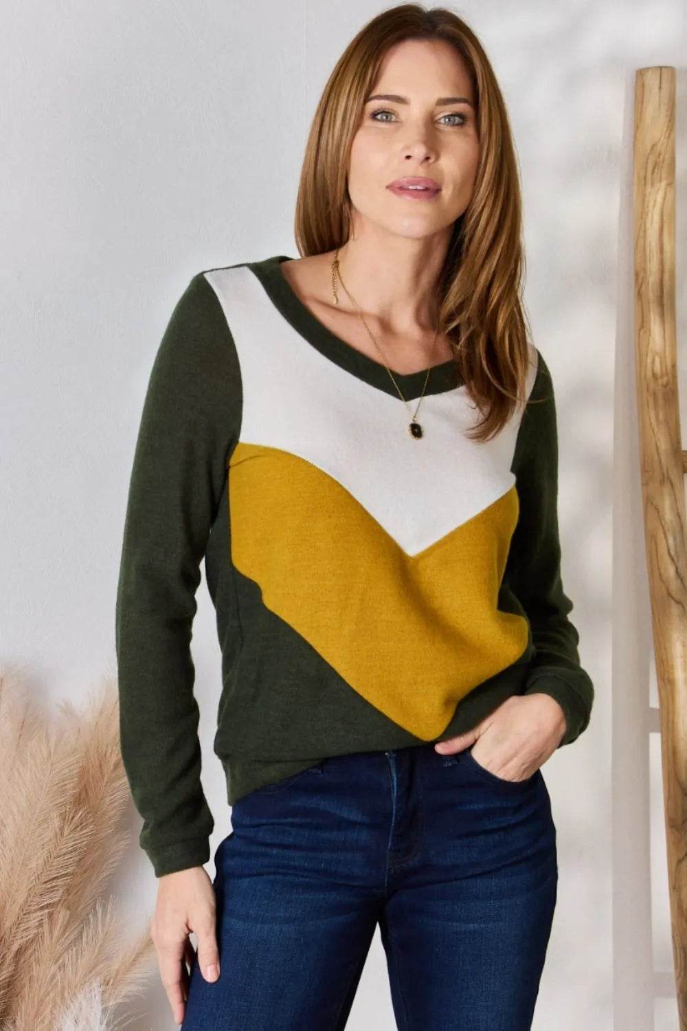 Hailey & Co Full Size Colorblock V-Neck Blouse - Shop Style & More | Fresh Looks, Everyday Deals & Free Shipping